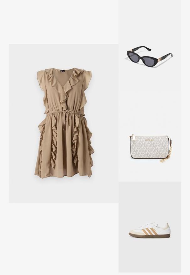 Bež haljina s V-izrezom, naboranim rukavima i vertikalnim nabora duž korpica i suknje. Ima podešavanje u struku pomoću vezice.; Bijele kožne tenisice s tamnosmešnim suknjem i tri bijele pruge. Imaju teksturiranu smeđu gumenju potplate i detalj s zlatnim logotipom.; Guess Sunčane naočale - shiny black; Michael Kors novčanik na zapešću u bež premazanoj tkanini s ponavljajućim uzorkom MK loga, zlatnim hardverom i odvojivim lancem za nošenje.