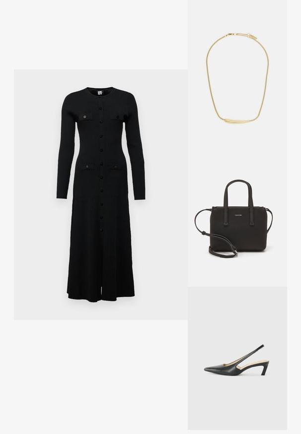 Črna rebrasta obleka z dolgimi rokavi in okroglo izrezom, z gumbi spredaj in dvema žeponama, ki imata črne gumbe, pada pod kolena.; Črne čevlje s koničastimi nosovi in slingback obliko z nizko peto, izdelane iz gladke usnjene materiale ter s črtasto zasnovo na strani za prezračevanje.; Črna torbica z dvema kratkima ročajema in odstranljivim naramnim trakom. Gladek usnju podoben material z zadrgo in podrobnostmi z logotipom.; Zlatom pozlačen ogrlica z gladkim, ukrivljenim osrednjim poudarkom. Ima fleksibilno verigo z ježkom in dodatne prilagodljive verižice.