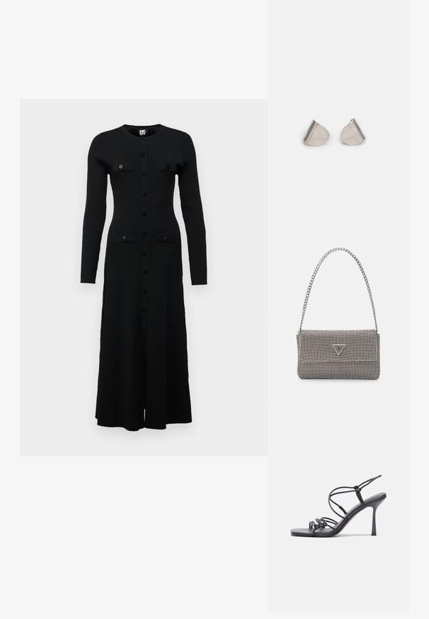 Fekete bordázott, hosszú ujjú ruha kerek nyakkivágással, gombos elejével és két felvarrt zsebbel, fekete gombokkal, térd alatt végződik.; Fekete magas sarkú szandálok vékony pántokkal, csomózott mintával, sima négyzetes orral és karcsú stiletto sarkal rendelkeznek.; Világosszürke fémes kézitáska lánc pánttal, kis kör alakú fém kifinomult díszítéssel és háromszög alakú márkagéppel.; Ezüst fém fülbevalók sima, csepp alakú formával és fényes felülettel. Finom gravírozások teszik részletessé. Minimalista dizájn.