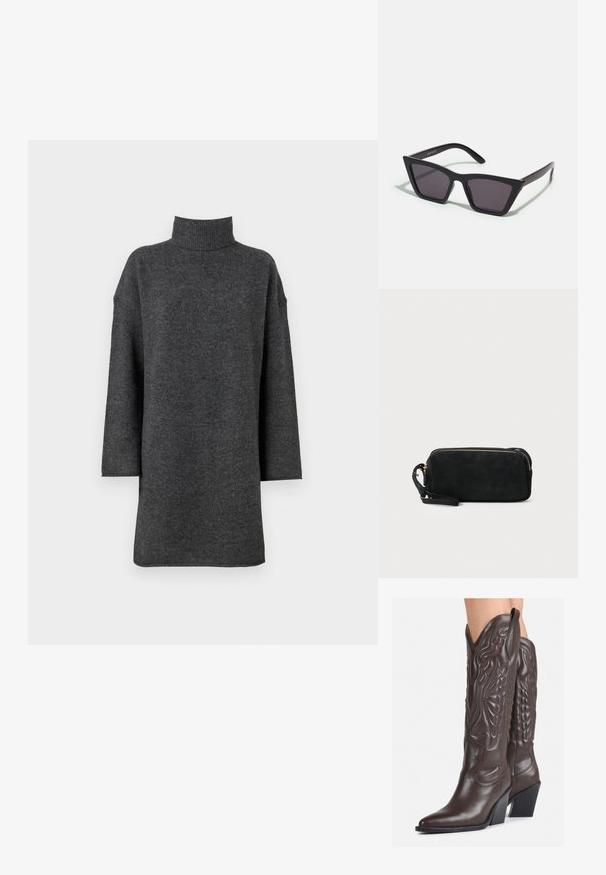 Dark grey oversized turtleneck sweater made of soft knit material with dropped shoulders and long sleeves, featuring a chunky ribbed collar.; Brown leather cowboy boots with pointed toe and block heel, featuring detailed stitching and raised accents on the shaft.; Black, angular sunglasses with gray lenses; made of plastic, featuring thick arms with a smooth surface and no visible hardware.; Black suede clutch bag with a zip closure and detachable wrist strap. Features gold-tone hardware and a smooth, matte texture.