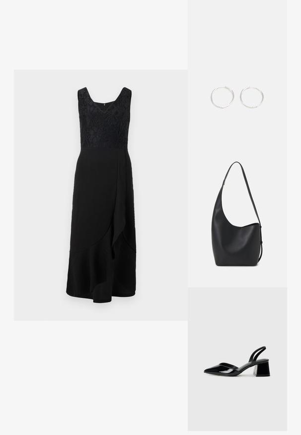 Černé šaty s přiléhavým krajkovým korzetem a rozšířeným spodním okrajem. Mají hluboký výstřih do V a asymetrický překlad v oblasti pasu. Hladká textura.; Černé lakované kožené lodičky na pásku s špičatou špičkou a geometrickým blokovým podpatkem. Vyznačují se elegantním, minimalistickým designem a hladkým povrchem.; Černá kožená hobo taška s hladkým povrchem, zakřiveným tvarem a jedním nastavitelným popruhem; má široké otevírání nahoře.; Stříbrné kruhové náušnice s elegantním, kulatým designem, s hladkým povrchem a bez viditelných ozdob. Průměr není specifikován.