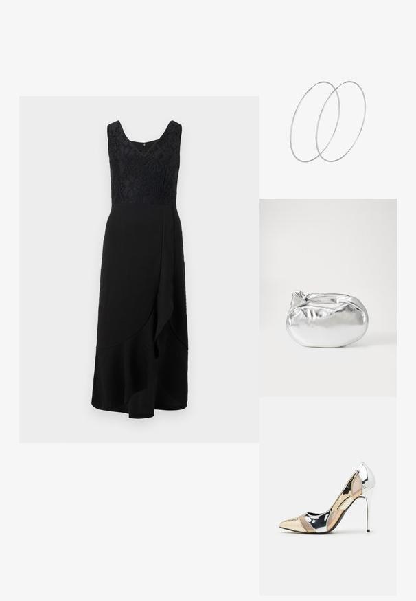 Črna obleka s prilegajočim čipkastim trupom in širokim robom. Ima globok V-izrez in asimetričen ovitek v pasu. Gladka tekstura.; Čevlji z visoko peto in konico, v barvni kombinaciji srebrne, zlate in nude. Sijajna obdelava z izrezljanim dizajnom, z igličasto peto.; Srebrna kovinska torbica z mehko, zaobljeno obliko in zavezano zgornjo zaporo. Narejena iz gladkega umetnega usnja.; Srebrne uhane v obliki obroča z minimalističnim dizajnom. Krožna oblika, gladka tekstura in tanek profil. Lahki s poliranim zaključkom.