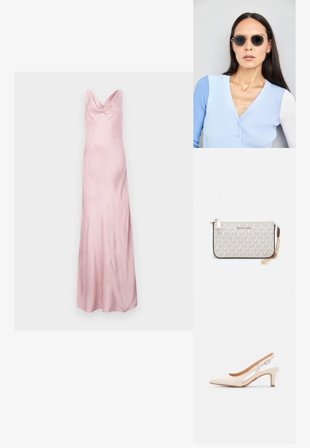 Satino rožinės spalvos vakarinė suknelė su apvaliu iškirpimu, prigludusia liemens dalimi ir platėjančia sijona, pasižyminti lygiu paviršiumi ir ilgio iki grindų dizainu.; Balti slingback kulniukai su smailiu pirštu, lygia viršutine medžiaga, žemu blokuotu kulnu ir šoniniu išpjovimu su reguliuojamu sagtimi.; Apskriti saulės akiniai su tamsiais objektyvais ir auksiniais rėmeliais. Modelis vilki šviesiai mėlyną, raukinį kardiganą su mygtukais ir kontrastingomis baltomis rankovėmis.; Michael Kors rankinė smėlio spalvos dengto kanvoje su pakartotiniu MK logotipo raštu, auksinėmis detalėmis ir nuimamu grandininiu dirželiu.