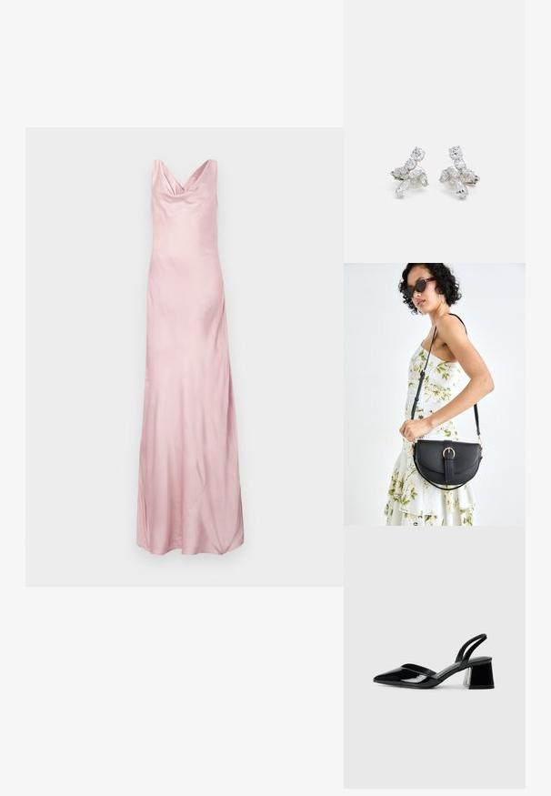 Satin rosa aftenkjole med cowl-neck, tettsittende liv, og utvidet skjørt, med jevn tekstur og gulvlengde design.; Svarte patentlær slingback hæler med spiss tå og geometrisk blokk hæl. Har et stilrent, minimalistisk design og jevn tekstur.; Svart lærveske med en buet form, avtagbar stropp og gullbeslag. Vesken har et klaff med spenne-detall.; Sølvfargede øreringer med klare, glitrende steiner i forskjellige former, inkludert runde og marquise, arrangert i et blomsterdesign.