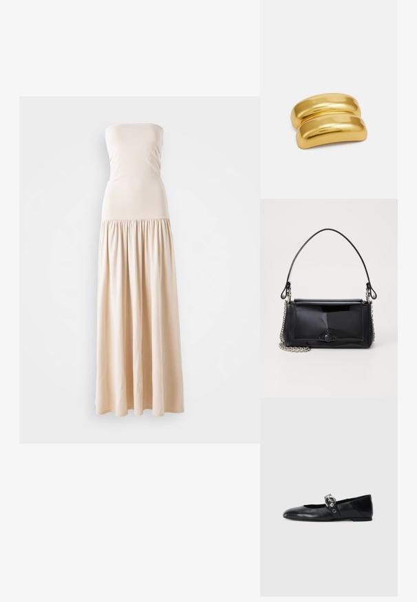 Beige pánt nélküli maxi ruha, testhez simuló felső résszel és laza, redőzött szoknyával, puha anyagból készült, amely sima textúrával rendelkezik.; Fekete bőr balettcipők, hegyes orral, kör alakú fémbújtatóval ellátott pánttal és lapos talppal.; Fekete lakkbőr kézitáska téglalap alakú, láncos vállpánttal és középen egy jellegzetes fém díszítéssel. Simaszerkezet.; Arany színű fém hajcsat, sima, lekerekített formával. A felszíne fényes, összekapcsolt, ívelt formát mutat, díszítések nélkül.