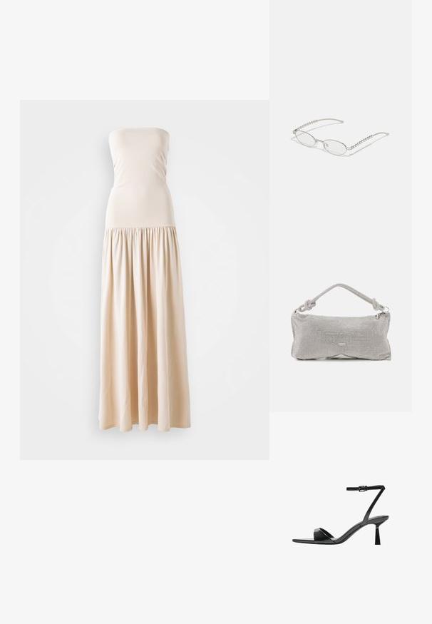 Bež haljina do poda bez naramenica s uskim korzetom i lepršavom, nabranom suknjom, izrađena od mekog materijala s glatkom teksturom.; Bershka Sandale s visokom petom - black; Ovalne naočale s metalnim srebrnim okvirom, prozirnim staklima i teksturiranim bisernim detaljima na krakovima. Lagani dizajn s zakrivljenim krakovima.; Metalna mrežasta torba za rame u srebrnoj boji, s čvorastim ručkom, zatvaranjem na patentni zatvarač i geometrijskim oblikom tijela s glatkom teksturom.