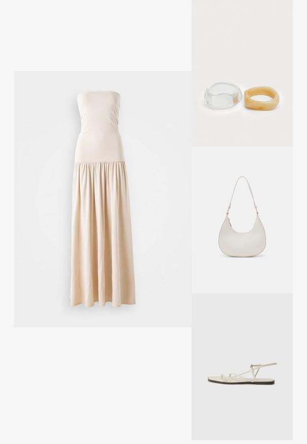 Beige strapless maksimekko, jossa on tiukka bodice ja virtaava kerroksellinen hame, valmistettu pehmeästä kankaasta, joka on tasaisen sileä koko matkalta.; Beige litte sandaalit, joissa on useita hoikkia hihnoja ja säädettävä solki. Pohja on litteä, ja reunassa on kevyt tumma kontrasti.; Kreemivärvi nahast õlakott, millel on kuu kujuline disain, õhuke rihm ja peened õmblused. Minimalistlik disain koos kuldse tooni metallitöötluse aktsentidega.; Selkeä ja meripihkaiset hartsi-renkaat, yksi sileä ja läpinäkyvä, toinen teksturoitu, meripihkan värinen. Molemmat esittelevät pyöristettyjä, massiivisia muotoja.