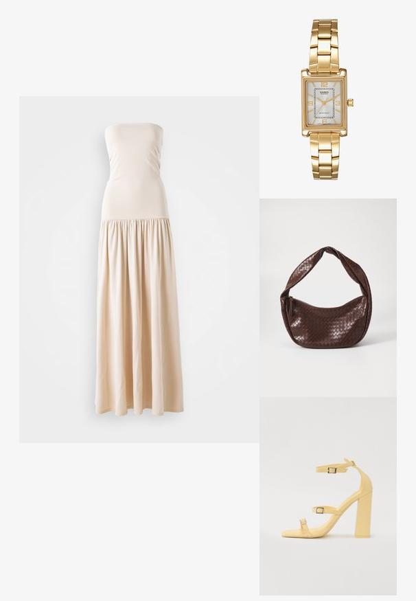 Bež obleka maxi brez naramnic z oprijetim korzetom in prostornim nabranim krilom, izdelana iz mehkega blaga z gladko teksturo po celotni površini.; Rumene sandale na blok petu s tremi nastavljivimi trakovi, zasnova s kvadratnim nosom, gladek sintetični material in sponke v srebrni barvi.; Rjava prepletena usnjena torbica s ukrivljenim, vozlano ročajem in zadrgo. Gladka tekstura in okrogla oblika.; Zlato obarvana pravokotna ročna ura z belo številčnico, srebrnimi kazalci in trdno kovinsko zapestnico. Vključena je vodoodporna funkcija.