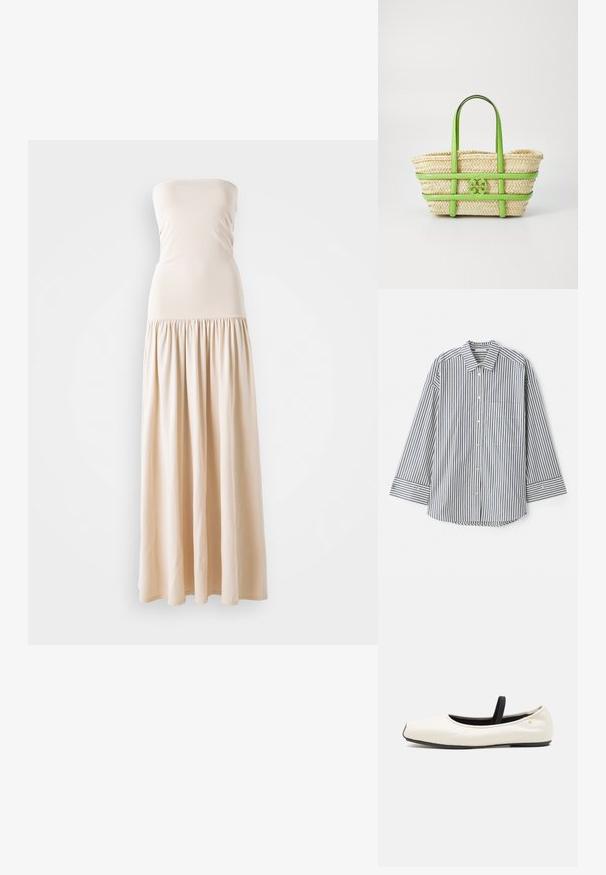 Beige pánt nélküli maxi ruha, testhez simuló felső résszel és laza, redőzött szoknyával, puha anyagból készült, amely sima textúrával rendelkezik.; Kék és fehér csíkos gombos ing. Klasszikus gallérral, hosszú ujjakkal, mellzsebekkel és gombos mandzsettákkal rendelkezik.; Lap ballet cipő fehér bőrből, lekerekített orral, fekete elasztikus pánttal és kis arany emblémával a sarok közelében. Puha tapintás és minimalista dizájn.; Szalmából készült táska zöld bőr kiegészítőkkel, fonott textúrával, dupla fogantyúkkal és egy kiemelkedő logóval az elején.