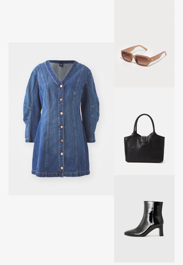 Vestido de ganga azul com decote em V, mangas longas e fecho com botões na parte da frente. Apresenta costuras contrastantes e bolsos nas laterais.; Botim de tornozelo em pele sintética preta com bico apontado e salto bloco de altura média. Textura suave e design minimalista.; Óculos de sol retangulares castanhos com lentes degradê, armações grossas e um detalhe do logótipo de lado. Material plástico suave, design minimalista.;  Bolsa tote de couro preta com textura suave, forma estruturada, duas alças e um destaque prateado proeminente na parte da frente.