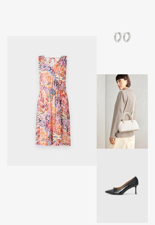 Floral-patterned summer dress with a V-neck, sleeveless design, gathered shoulders, and a cinched waist in vibrant red, blue, and orange hues.; Black patent leather high-heeled shoe with a pointed toe, decorative strap detail at the front, and a thin stiletto heel.; White structured handbag with short handles and a shoulder strap, featuring gold hardware accents and textured material, displayed against a grey background.; Silver hoop earrings with a polished finish, featuring a circular design and seamless hinges, displaying a smooth texture.