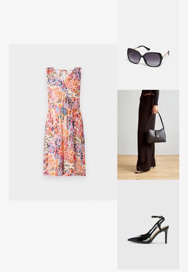 Letnia sukienka w kwiatowy wzór z dekoltem w serek, bez rękawów, zebranymi ramionami i ściągniętą talią w intensywnych odcieniach czerwieni, niebieskiego i pomarańczowego.; Czarne lakierowane buty na wysokim obcasie typu slingback z wysmuklonym noskiem, regulowanym paskiem na kostce i otwartymi bokami. Gładka faktura.; Czarne oversize okulary przeciwsłoneczne z gradientowymi soczewkami, grubymi oprawkami i złotym łańcuszkiem na ramionach.; Czarna torebka o usztywnionym kształcie, gładkiej fakturze i metalowym zapięciem. Połączona z szerokimi czarnymi spodniami i sandałami na otwartym palcu na drewnianej podłodze.