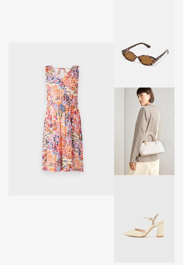 Floral-patterned summer dress with a V-neck, sleeveless design, gathered shoulders, and a cinched waist in vibrant red, blue, and orange hues.; Gold metallic heeled shoe with a pointed toe, an ankle strap featuring a circular clasp, and a chunky heel design. Smooth texture.; Tortoiseshell sunglasses with oval lenses, brown-tinted, thin arms featuring a textured pattern, lightweight plastic frame.; White structured handbag with short handles and a shoulder strap, featuring gold hardware accents and textured material, displayed against a grey background.