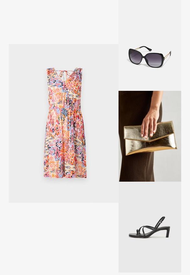 Letnia sukienka w kwiatowy wzór z dekoltem w serek, bez rękawów, zebranymi ramionami i ściągniętą talią w intensywnych odcieniach czerwieni, niebieskiego i pomarańczowego.; Czarne sandały na obcasie z prostokątnym noskiem i niskim słupkowym obcasem. Posiadają wiele cienkich pasków i regulowany pasek na kostkę. Wykonane z gładkiej skóry.; Czarne oversize okulary przeciwsłoneczne z gradientowymi soczewkami, grubymi oprawkami i złotym łańcuszkiem na ramionach.; Złota metaliczna kopertówka o gładkiej teksturze, z trójkątnym zapięciem na klapkę. Ręka trzymająca torbę ma starannie wypielęgnowane paznokcie.