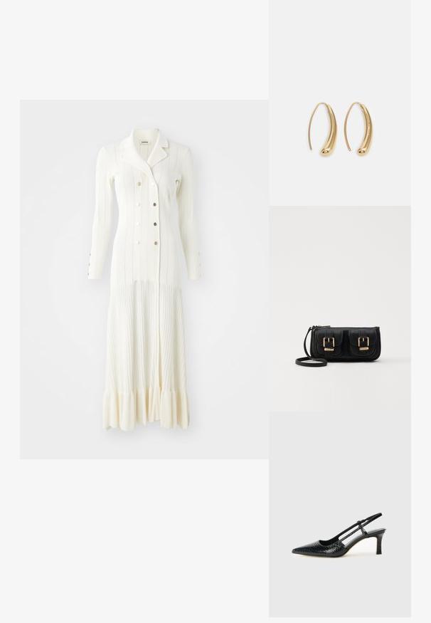 sandro ROBE MIDI LOOK MANTEAU - Sarafanas - ecru; Juodai lakuoti slingback aukštakulniai su smailiu nosiu, su tekstūruotu gyvatės raštu, reguliuojama juosta ir trumpu, tekstūruotu blokiniu kulnu.; Juodas odinis per petį nešiojamas krepšys su dviem priekiniais kišenėmis, auksiniais sagtimis, užtrauktuko uždarymu ir siauromis petnešomis. Textūruota paviršius ir kompaktiškas stačiakampis formatas.; Auksinės metalinės auskarų kabės su lenktą, pailgą forma. Turi lygų, blizgantį paviršių ir užapvalintą galiuką papildomam akcentui.