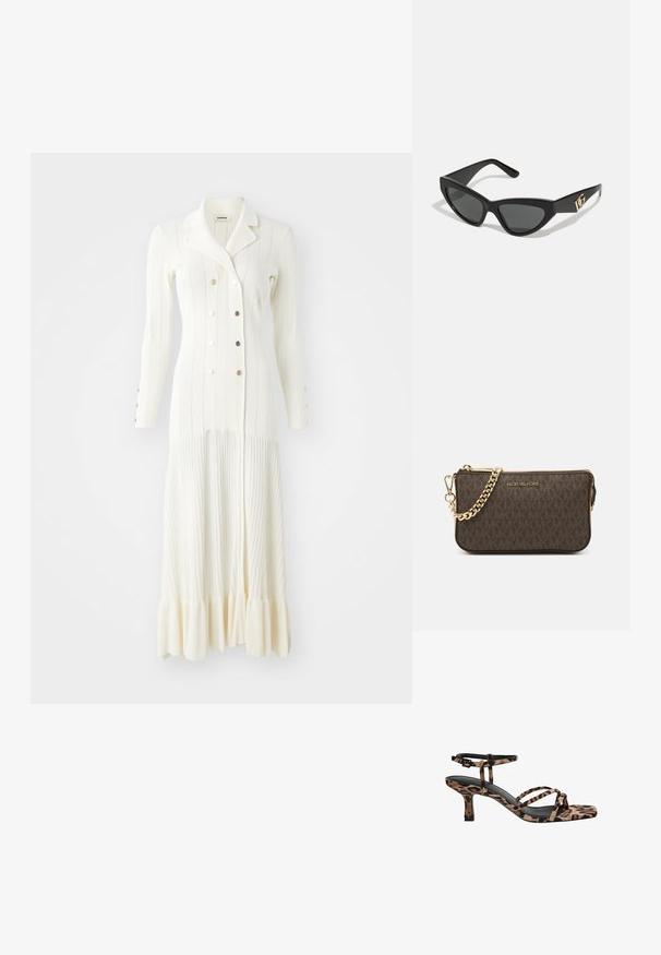 sandro ROBE MIDI LOOK MANTEAU - Robe pull - ecru; Sandales à talons imprimées léopard avec un bout carré, plusieurs brides et un talon de hauteur intermédiaire. Fabriquées en matériau textile doux.; Lunettes de soleil en œil de chat avec une monture en plastique noir mat, des verres foncés et un accent en or avec le logo sur la branche. Design angulaire et texture lisse.; Sac en cuir brun à bandoulière avec motif logo, bandoulière en chaîne dorée, fermeture éclair et accents de quincaillerie dorée. Forme compacte et rectangulaire.