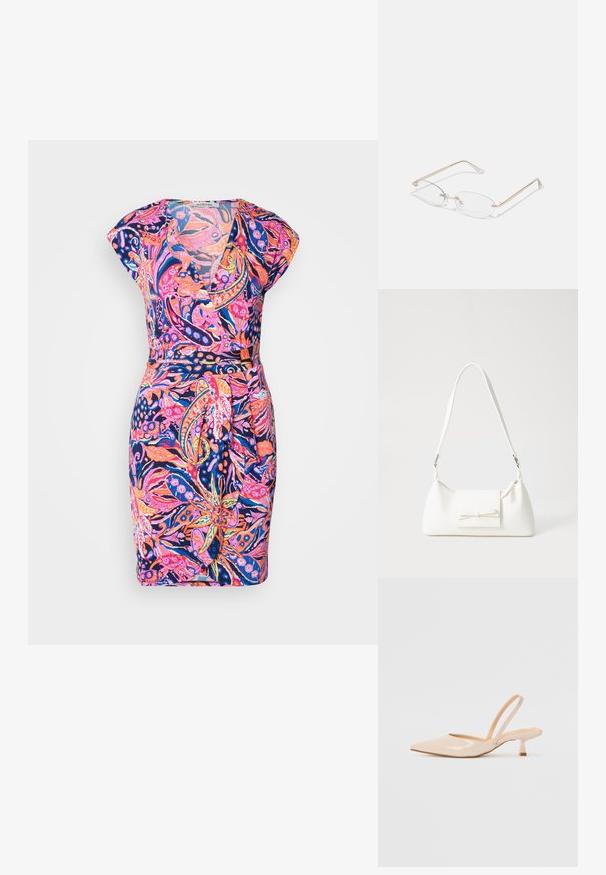 Šaty s kvetinovým vzorom, s výstrihom do V, krátkymi rukávmi a priliehavým pásom. Farby zahŕňajú ružovú, modrú a oranžovú na tmavom pozadí.; Bežové lakované sandále na podpätku so špicatou špičkou a štíhlym, štvorcovým podpätkom. Hladká textúra a minimalistický dizajn bez ozdôb.; Zlaté kovové okuliare s oválnymi šošovkami, štíhlymi rámami a priehľadnými nosovými podložkami. Obsahujú jemné akcenty pántov a priehľadné šošovky.; Biela syntetická kabelka s trojuholníkovým tvarom, plochým predným klapkou a detailom mašle, nastaviteľným popruhom, hladkou textúrou a minimalistickým dizajnom.