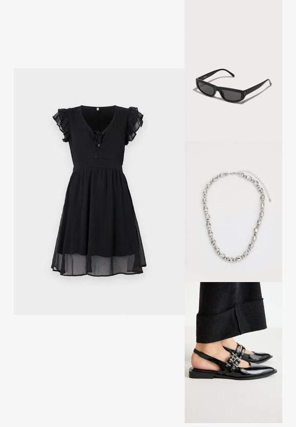 Černé šaty s krátkými volánkovými rukávy, výstřihem do V a mašlí detailu v přední části, mají splývavou, vrstvenou sukni a průhledný lem.; RAID DINKY - Baleríny s páskem - black; Černé sluneční brýle s obdélníkovým rámem, s tmavými skly a tenkými nožkami. Zlaté akcenty poblíž pantů.; Stříbrný náhrdelník s korálky, který obsahuje různé hladké a texturované oválné a kulaté tvary, s uzávěrem a nastavovací chainou na zadní straně.