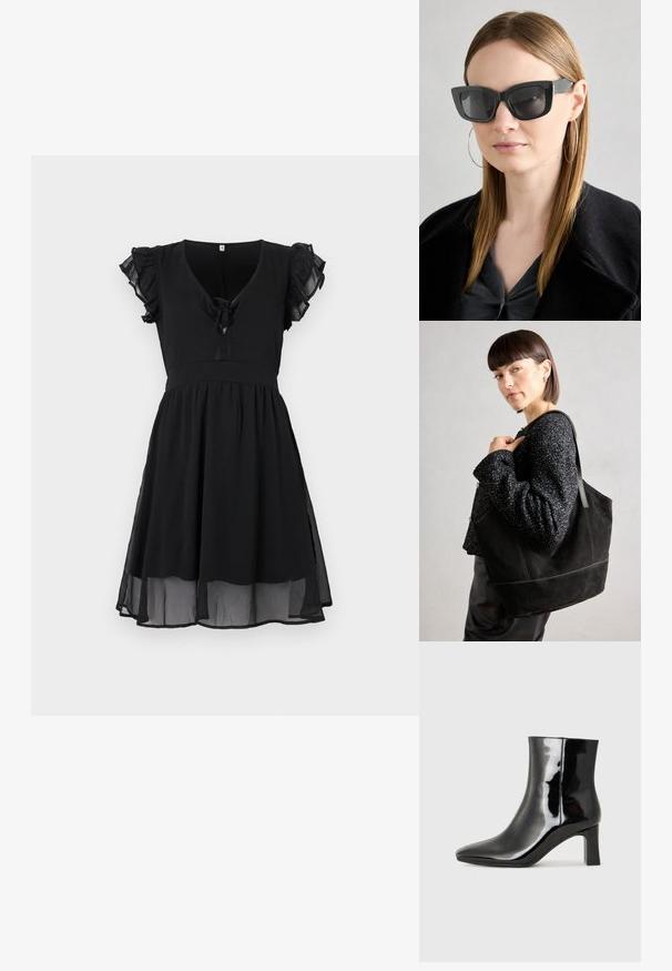Fekete ruha rövid fodros ujjakkal, V-kivágással és elöl megkötő részlettel, amely légies, rétegelt szoknyával és áttetsző szegéllyel rendelkezik.; Fekete lakk bőrcipő bokáig érő, hegyes orral és közepes magasságú tömbsarokkal. Simább textúrával és minimalista dizájnnal rendelkezik.; Fekete macskaszem napszemüveg sötét lencsékkel, vastag kerettel és diszkrét díszítésekkel. Fekete kabátot és szürke felsőt visel, hosszú egyenes hajjal.; Fekete, velúr anyagú tote táska sima felülettel, strukturált formával és kontrasztos varrással. Hosszú pántjai lehetővé teszik a vállon való hordást.
