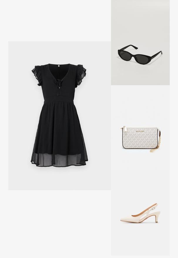 Fekete ruha rövid fodros ujjakkal, V-kivágással és elöl megkötő részlettel, amely légies, rétegelt szoknyával és áttetsző szegéllyel rendelkezik.; Fehér slingback sarok, hegyes orral, sima felső anyaggal, alacsony blokk sarkával és oldalsó kivágott dizájnnal, állítható csatpánttal.; Fekete napszemüveg, keskeny, macska szem formával. Simább műanyagból készült, sötét lencsékkel és diszkrét logó részletekkel az oldalsó részeken.; Michael Kors bézs bevonatos vászon karkötő, amely ismétlődő MK logó mintával, aranyszínű fémrészletekkel és levehető lánchordóval rendelkezik.