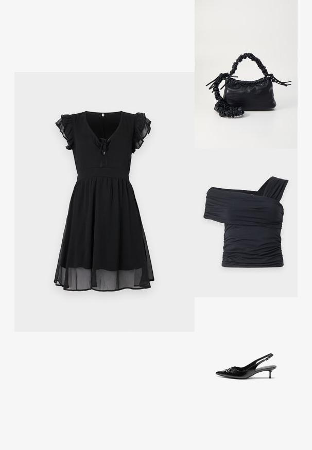 Melna kleita ar īsām krokotām piedurknēm, V veida izgriezumu un sasienamu detaļu priekšpusē, ar brīvi krītošu, kārtainu svārku un caurspīdīgu apakšmalu.; Melna off-shoulder gapģē jeb topiņš, kas izgatavots no mīksta, elastīga auduma, ar ručām un plašo siksnu dizainu vienā pusē.; Melni ādas sandales ar norādītu pirkstu, mazu kaķa papēdi un dekoratīvu mezglu detaļu priekšā. Gluda tekstūra visā virsmā.; Melnā mākslīgās ādas rokassoma ar krokodila rakstu, savilkta augšdaļa un saburzīta siksna. Izskatās mīksta un kompakta pēc dizaina.