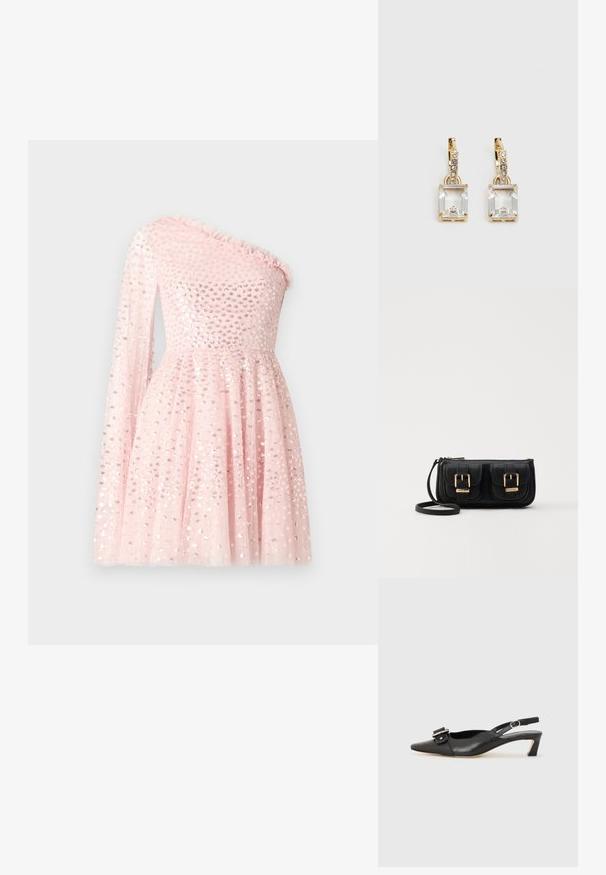 Egyszerű vállú rózsaszín ruha áttetsző hosszú ujjal, strasszokkal díszítve, fodros nyakkivágással és bővülő szoknyával.; Fekete bőr szandál kis sarkú, hegyes orral, díszes csattal a felsőrészen. Simább textúra, minimalista design.; Fekete bőr keresztbody táska két elülső zsebbel, arany csattokkal, cipzáras záródással és vékony pánttal. Textúrált felület és kompakt téglalap alak.; Aranyszínű fülbevalók, melyek egy téglalap alakú, tiszta kristállyal díszítették, ami egy sor kis, kerek, tiszta kiegészítő alatt lóg. Letisztult, modern dizájn.
