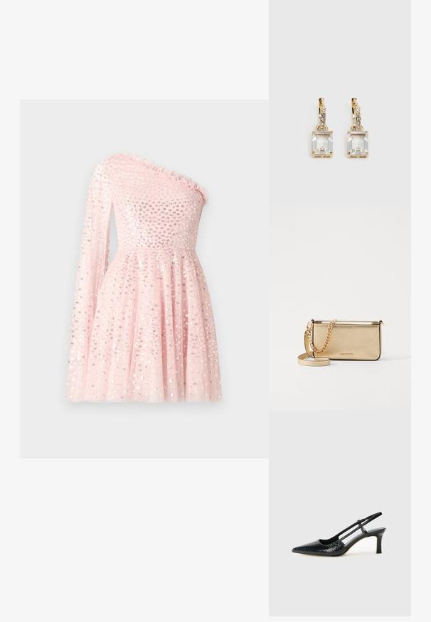Viena peties rožinė suknelė su permatomu ilgu rankovu, dekoruota blizgučiais, banguotu iškirpimu ir plazdančia sijonu.; Juodai lakuoti slingback aukštakulniai su smailiu nosiu, su tekstūruotu gyvatės raštu, reguliuojama juosta ir trumpu, tekstūruotu blokiniu kulnu.; Metaliniu auksu padengtas odinis rankinukas su tekstūruotu paviršiumi, kuris turi auksinį grandinėlės dirželį ir nuimamą petį. Įspaustas prekės ženklas.; Auksinės spalvos auskarai, kuriuose yra stačiakampis, skaidrus kristalas, kabantis po eile mažų, apvalių skaidrių akcentų. Šiuolaikiškas, modernus dizainas.