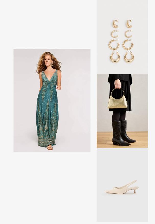 Maxiklänning i teal med djup V-ringning, prydd med ett lövmönster i guld och kräm, samt en flödande silhuett. Accentueras med enkla sandaler.; Smal spetsig slingback-skor i off-white läder, med en liten rosettdetalj och låg kittenklack. Slät textur, minimalistisk design.; Gyllene texturerad handväska med kurvform och kort handtag, hålls av en person som bär en svart plisserad kjol och svarta lädercowboystövlar.; Set om fem guldörhängen med olika designer: vridna, räfflade och släta ytor i hoop- och halvmånsformer.