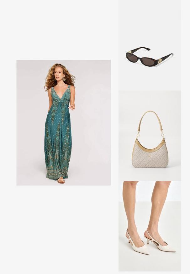 Vestido maxi en azul petróleo con un escote en V profundo, que presenta un patrón de hojas en dorado y crema, y una silueta fluida. Acabado con sandalias sencillas.; Tacones slingback de charol beige con punta afilada y un tacón de 5 cm, con lados recortados y una delgada correa en el tobillo.; Gafas de sol carey con lentes ovalados alargados, tintado marrón, acentos de logo dorado en las patillas y brazos negros elegantes.; Bolso de mano beige con un patrón y forma curva, acentos de cuero y un logo tono dorado en la parte frontal. Cuenta con un asa corta para un fácil transporte.; Collar de perlas y cristales con un diseño redondo y abalorado en tonos suaves, que presenta perlas alternadas y acentos brillantes, llevado alrededor del cuello.