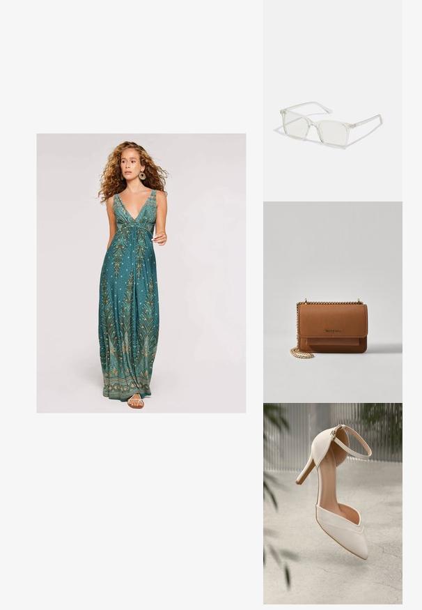 Maxi-jurk in teal met een diepe V-hals, voorzien van een bladerenpatroon in goud en crème, en een vloeiende silhouet. Accentueer met eenvoudige sandalen.; Witte high heel schoen van soepel materiaal met een puntige neus en enkelbandje. Heeft een lichtbruine binnenkant en goudkleurige hardware accent.; Heldere plastic vierkante monturen met doorzichtige glazen, gekenmerkt door gouden accenten op de slapen voor extra detail.; Bruine lederen schoudertas met textuur, voorzien van een gouden kettingstrap en klepsluiting. De voorkant heeft een logo-detail en een zak onder de klep.