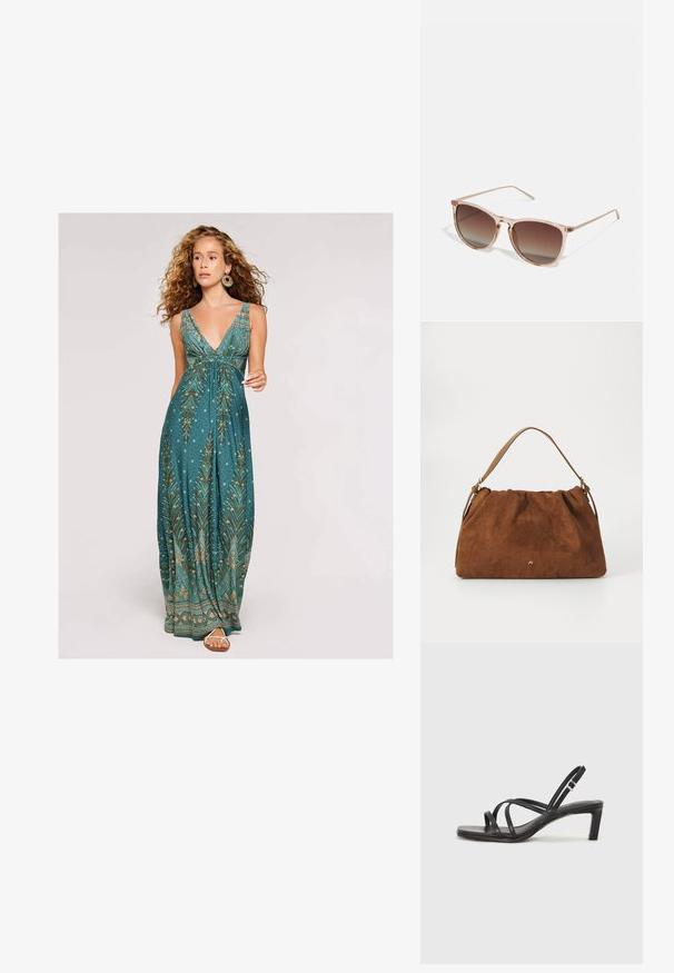 Robe maxi en teal avec un décolleté en V profond, arborant un motif de feuilles en or et crème, et une silhouette fluide. À associer avec des sandales simples.; Sandale noire à lanières avec un bout carré et un petit talon bloc. Elle présente plusieurs fines lanières et une sangle de cheville ajustable. Fabriquée en cuir lisse.; Lunettes de soleil dégradées marron avec une monture translucide rose, de forme carrée et des branches en métal fines. Présente des bords arrondis et un design minimaliste.; Sac à main en daim marron avec un design plissé, arborant une seule sangle en cuir beige et un discret logo doré à l'avant.