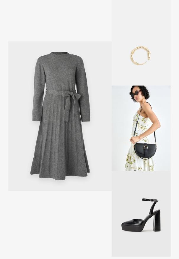 Sivý pletený šaty s dlhými rukávmi, okrúhlym výstrihom, plisovanou sukňou a látkovým pásom zviazaným v páse pre definovanú siluetu.; Čierne platformové podpätky so špicatou špičkou a nastaviteľným členkovým remienkom. Vyrobené z hladkej kože a so robustným blokovým podpätkom.; Čierna kožená kabelka s zaobleným tvarom, odnímateľným popruhom a zlatými doplnkami. Kabelka má klopu s detailom s prackou.; Prsteň v zlatej farbe s organickým, skrúteným dizajnom, hladkým povrchom a zužujúcimi sa koncami, vytvárajúci moderný, sochársky vzhľad.