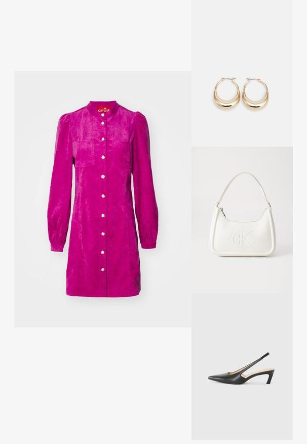 Cras LILIBETH DRESS - Srajčna obleka - fuchsia; Črne čevlje s koničastimi nosovi in slingback obliko z nizko peto, izdelane iz gladke usnjene materiale ter s črtasto zasnovo na strani za prezračevanje.; Bela usnjena torbica s ukrivljeno obliko, ki na sprednji strani nosi vžgano logo "CK" in ima eno naramnico. Zadrga za zapiranje na vrhu.; Zlato obarvani uhani v obliki obroča s polmesecem, polirna površina in zaklepanje s tečajem. Gladka tekstura in odsevna površina povečujeta vidnost.