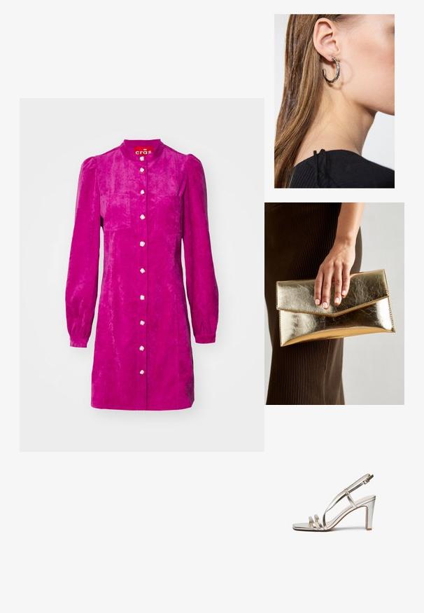 Cras LILIBETH DRESS - Abito a camicia - fuchsia; Sandaletta con tacco alto in argento metallico e punta aperta, dotata di tre sottili cinturini sul piede e di una cinghia alla caviglia con fibbia.; Borsa a mano metallic oro con una texture liscia, dotata di una chiusura a pattina triangolare. La mano che la tiene ha unghie curate.; Orecchino a cerchio in argento con finitura lucida, caratterizzato da piccoli dettagli in oro e una forma tondeggiante, indossato sul lobo.