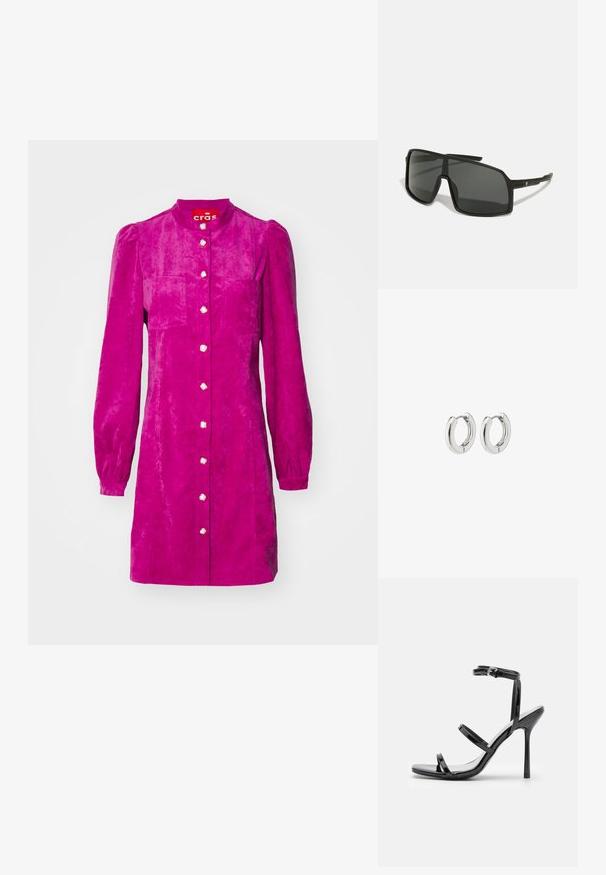 Cras LILIBETH DRESS - Marškininė suknelė - fuchsia; Juodos lakinės odos aukštakulnės sandalai su trimis horizontaliais dirželiais ir reguliuojamu kulkšnimis dirželiu. Lieknas siluetas ir blizgus apdaila.; Juodos akiniai nuo saulės su dideliu, kampuotu rėmu, tamsiais objektyvais ir plonomis, elegantiškomis kojelėmis, turinčiomis mažą logotipą vienoje pusėje.; Sidabriniai auskarai su poliruotu paviršiumi, turintys apvalią dizaino formą ir be siūlių vyriukus, rodantys lygų paviršių.