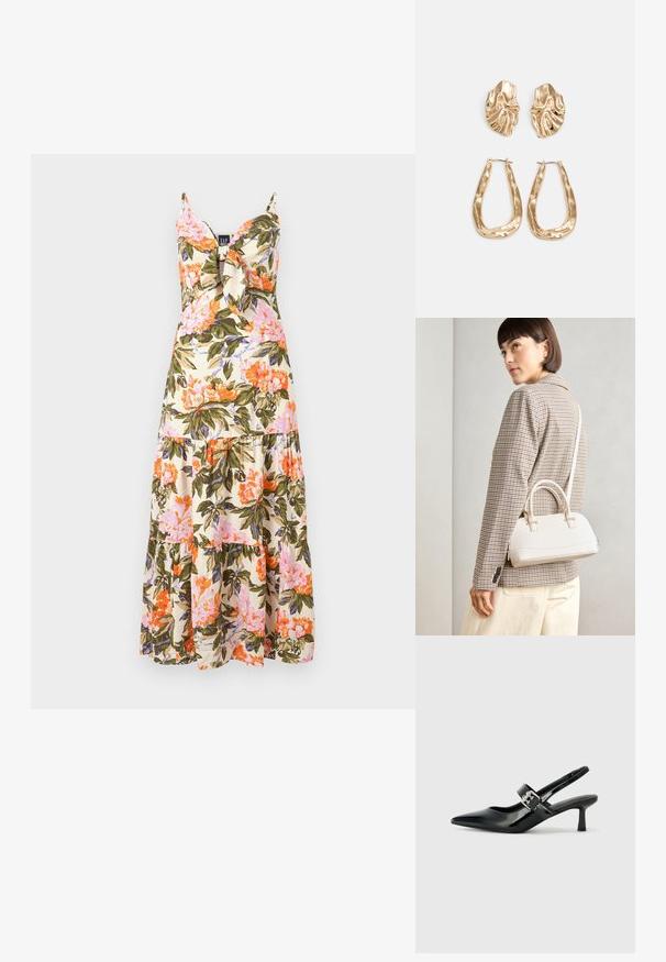 Gėlių maksi suknelė su spaghetti petnešomis, kreminės spalvos audinys su rožinėmis, oranžinėmis ir žaliomis gėlių raštais, su daugiasluoksniu pūsteliu.; Juodai lakuoti slingback aukštakulniai su smailiu kojų pirštu ir mažais blokiniais kulniukais, su sidabro sagtimi ant dirželio.; Balta struktūruota rankinė su trumpomis rankenomis ir peties diržu, su auksinėmis detalėmis ir tekstūruota medžiaga, pastatyta prieš pilką foną.; Auksinės auskarai, turintys tekstūruotus, bangų formos elementus. Įeina skulptūriniai segami auskarai ir atviri lankai su išmuštu paviršiumi.