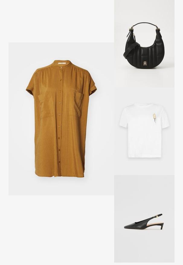 Camicia gialla senape a bottone corta con colletto alla cinese, maniche corte arrotolate e texture a righe verticali. Due taschini frontali.; T-shirt bianco in cotone a maniche corte con un grafico minimalista di un gelato giallo ricamato nella zona sinistra del petto.; Sandal in pelle nera con tacco a punta, tacco basso e cinturino alla caviglia regolabile con fibbia in tono oro. Texture liscia.; Borsa a spalla in pelle nera con forma curva, texture trapuntata e dettagli in oro. Presenta una tracolla removibile e dettaglio del logo.