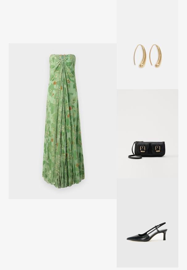 Bezplecu garu zaļu kleitu ar zeltainām un oranžām ziedu rakstiem, savāktas auduma detaļas ap kaklu un plūstošas krokas gar priekšpusi.; Melna patent āda ar slīdošo papēdi un smailo purngalu, ar teksturētu čūsku drukājumu, regulējamu siksniņu un īsu teksturētu blokpapēdi.; Melnas ādas crossbody soma ar divām priekšējām kabatām, zelta sprādzēm, ar rāvējslēdzēju aizdari un šauru siksnu. Strukturēta virsma un kompakta taisnstūra forma.; Zelta toņu metāla gredzena auskari ar izliektu, pagarinātu formu. Ar gludu, spīdīgu virsma un noapaļotu galu papildu detaļām.