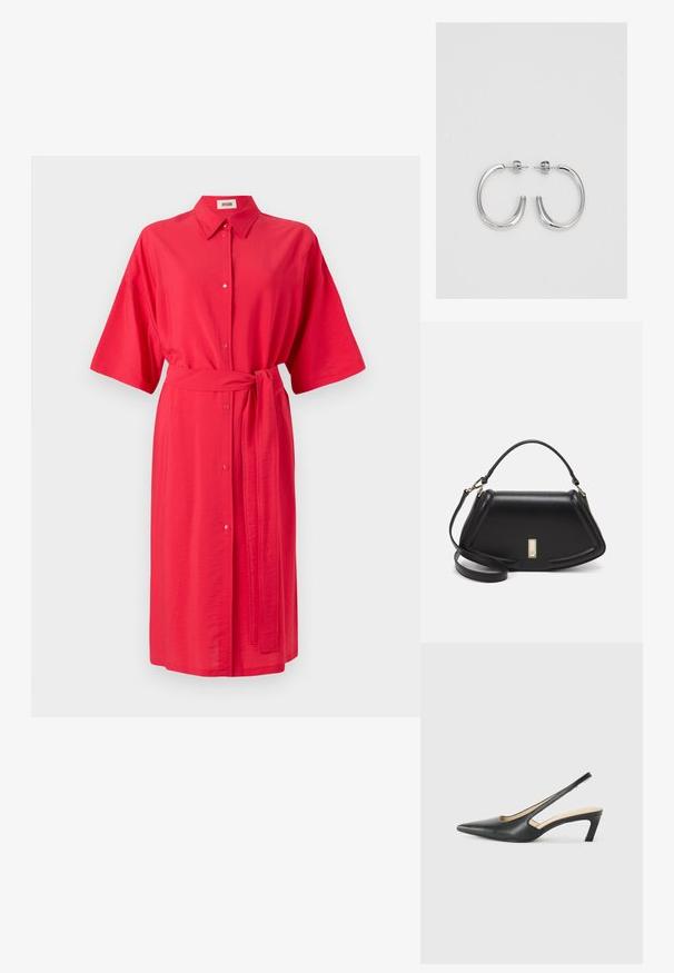 Czerwona sukienka koszulowa z kołnierzykiem, krótkimi rękawami, zapięciem na guziki z przodu i dopasowanym paskiem w talii. Gładki materiał z delikatnym połyskiem.; Czarny but na obcasie typu slingback z ostro zakończonym noskiem, z niskim obcasem, wykonany z gładkiej skóry, z wycięciem po boku dla lepszej wentylacji.; Czarna skórzana torebka o strukturalnym designie, z przyciętą formą, górnym uchwytem i złotymi akcentami. W zestawie regulowany pasek na ramię.; Srebrne kolczyki na biglu o gładkim, błyszczącym wykończeniu. O zaokrąglonym kształcie, lekkim designie, z zamknięciem na zatrzask.