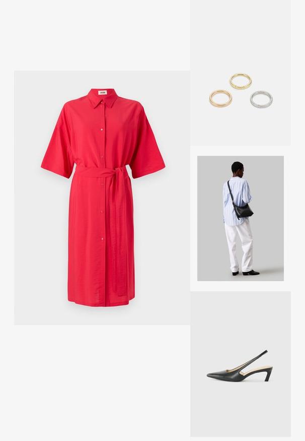 Punane kleit krae, lühikeste varrukatega, nupuga esitamine ja sobiv vöö piha ümber. Sile kangas, millel on kerge läige.; Must mustaga, terav varvas, madala kontsaga sildiga king, mis on valmistatud siledast nahast ja mille küljel on lõike disain hingavuse tagamiseks.; Must have mustras alasi nahkpatsi, pehme tekstuuriga, kolmnurkse kujuga ja reguleeritava rihmaga, koos helesinise triibulise särgi ja valgete pükstega.; Kolme metallist rõngast: üks roosa kuld, üks kuld tekstuursete aktsentidega ja üks hõbe, kõik sisepoolt graveeritud brändinguga.