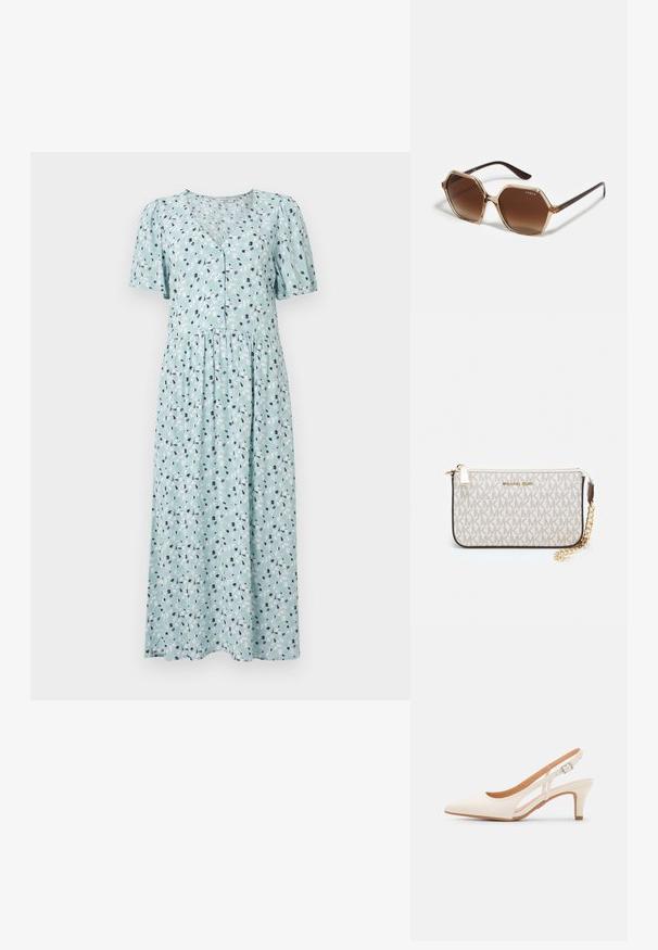 Jasnoniebieska sukienka w kwiatowy wzór, krótki bufiaste rękawy, dekolt w kształcie litery V, zapięcie na guziki oraz zbierany krój w talii. Miękka struktura materiału.; Biała szpilka slingback z ostrym noskiem, gładkim materiałem wierzchnim, niskim obcasem blokowym oraz wycięciami po bokach i regulowanym paskiem z klamrą.; Szesterokątne okulary przeciwsłoneczne z brązowymi gradientowymi soczewkami, przezroczystą beżową oprawką i ciemnobrązowymi ramionami. Posiadają branding "vogue" z boku.; Portfel na nadgarstek marki Michael Kors w beżowej, pokrytej płótnem, z powtarzającym się wzorem logo MK, złotym okuciem i odpinanym łańcuszkowym paskiem.