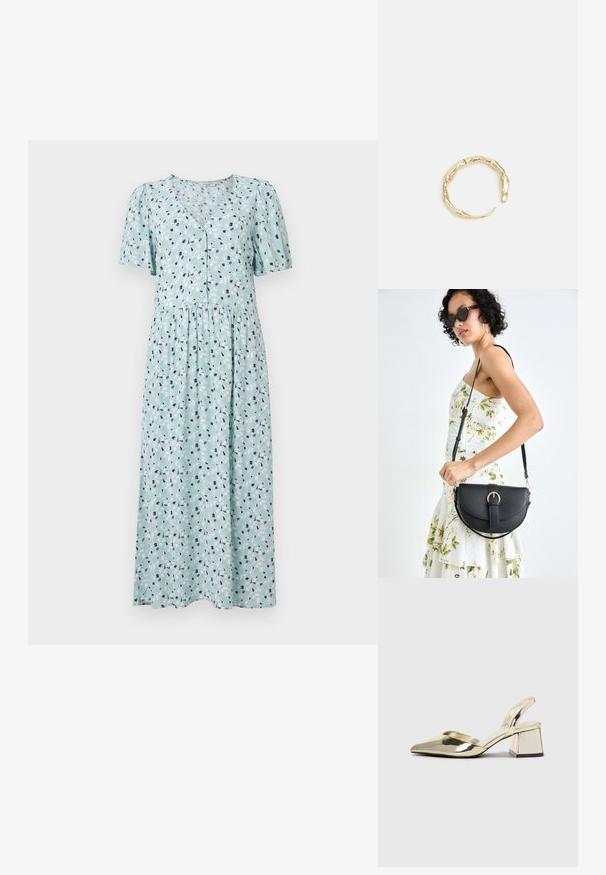 Gaiši zils kleitas ar ziedu rakstu, īsām pūkainām piedurknēm, V veida apkakli, pogu aizdari un savāktu vidukļa dizainu. Mīksta auduma tekstūra.; Zeltaini, metāla kurpes ar siksniņām, norakans purngalis un masīla papēdis. Gluda tekstūra, minimālisma dizains un šaura siksna.; Melnas ādas rokassoma ar izliekta formu, noņemamu siksnu un zelta aksesuāriem. Somai ir vāciņš ar sprādzes detaļu.; Zelta toņa gredzens ar organisku, vērptu dizainu, gludu virsmu un sašaurinātiem galiem, radot mūsdienīgu, skulpturālu izskatu.