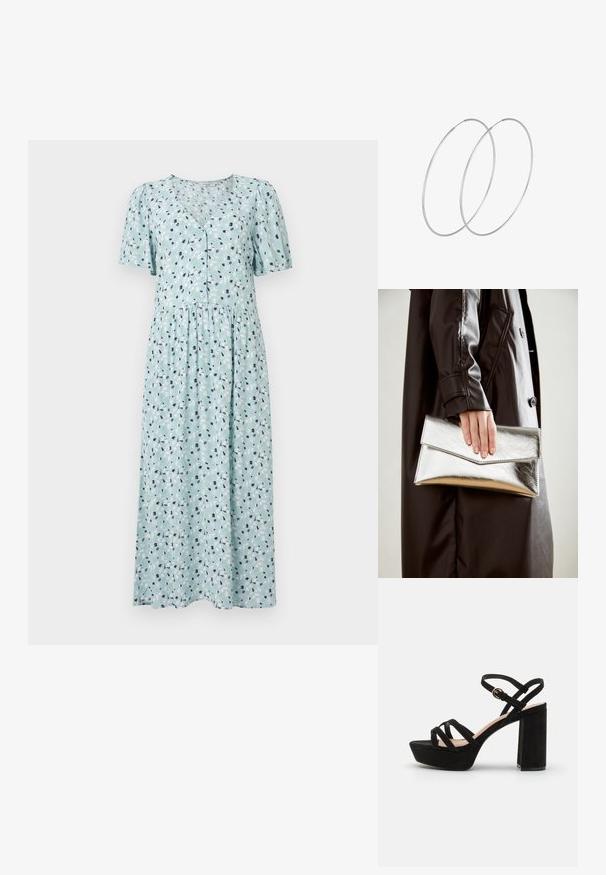 Šviesiai mėlyna suknelė su gėlių raštu, trumpomis pūstomis rankovėmis, V formos iškirpte, mygtukų užsegimu ir suknele su surinkta juosmens dalimi. Minkšta medžiagos tekstūra.; Juodos zomšinės platformos šlepetės su storu kulnu, turinčios kryžminius įtempimo dirželius ir sagtimi reguliuojamą kulkšnies dirželį saugiam prigludimui.; Sidabrinis metalinis rankinukas su kampuota vokų forma, sklandžiu paviršiumi ir kontrastinga vidine spalva, laikomas rankoje, apsirengusioje juoda striuke.; Sidabrinės pusmėnulio auskarai minimalistiniu dizainu. Apskritimo forma, lygus paviršius ir plonas profilis. Lengvi su poliruotu apdailu.