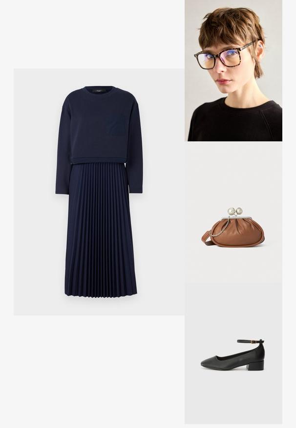 Marineblaues Kleid mit einem taillierten Langarm-Top und einer aufgesetzten Tasche über einem plissierten Rock. Glatte Stoffoberfläche, einfaches Design.; Schwarze Lederpumps mit spitzem Zehenbereich und niedrigem Blockabsatz. Mit einem Knöchelriemen und einer goldfarbenen Schnalle. Glatte Textur.; Schildpattbrille mit großen rechteckigen Fassungen, ausgestattet mit reflektierenden Gläsern und dünnen Bügeln, vor einem neutralen Hintergrund getragen.; Braune Leder-Clutch mit silbernem Kugelverschluss und einem kleinen silbernen Kettendetail auf weißem Hintergrund.