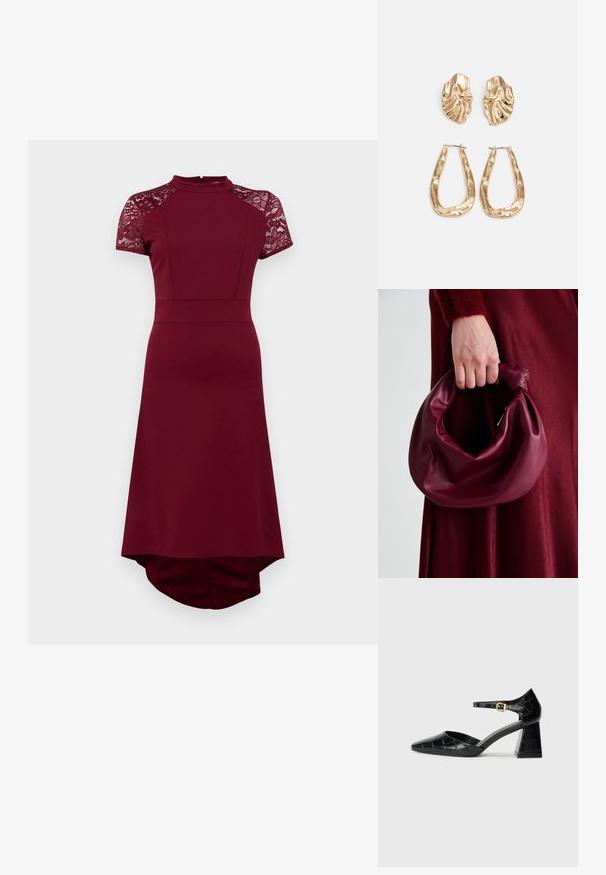 Robe bourgogne avec de courtes manches en dentelle, un col haut, un corps ajusté et une jupe fluide avec un ourlet arrière plus long. Accents en dentelle texturée.; Chaussure à talons hauts en cuir verni noir avec un bout pointu, une bride de cheville et un motif crocodile texturé. Design de talon carré.; Sac à main en cuir bordeaux au design doux et froncé, avec une forme arrondie. La poignée est fixée, mettant en valeur une texture lisse.; Boucles d'oreilles dorées présentant des formes texturées et ondulées. Comprend des clips sculpturaux et un design de créoles ouvertes avec une finition martelée.