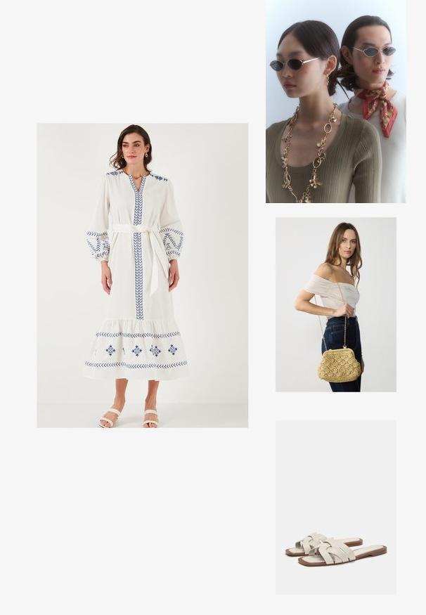 Bílé dlouhé šaty s modrými vyšívanými vzory, balónovými rukávy, výstřihem do V a zavázaným pasem. Mají stupňovitý lem a jemnou texturu.; Světle béžové skluzné sandály s pletenými popruhy, s plochou podešví a minimalistickým designem. Hladký povrch s jemnými barevnými kontrastními akcenty.; Kulaté sluneční brýle s tmavými skly a tenkými stříbrnými obroučkami. Jeden člověk má na sobě zlatý řetízek, zatímco druhý má červený šátek s vzorem.; Woven handbag z pletivo z přírodního slámy v světlé béžové barvě, s křivkovým tvarem, uzavřením na sponu a zlatým řetízkem. Texturovaný povrch s diamantovým vzorem.