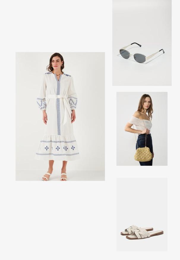Weißes langes Kleid mit blauen bestickten Mustern, Ballonärmeln, einem V-Ausschnitt und tailliertem Bund. Merkmale sind ein schichtweise geschnittener Saum und weicher Stoff.; Helle beigefarbene Riemchensandalen mit geflochtenen Riemen, flachem Sohle und minimalistischer Gestaltung. Glatte Textur mit dezenten Farbkontrasten.; Sonnenbrille mit ovalen grauen Gläsern, silbernem Metallrahmen und schwarzen Akzenten an den Bügeln. Sie verfügt über ein elegantes Design und minimalen Metallaufwand.; Woven straw handbag in hellbeige, mit einer geschwungenen Form, Verschluss und einer goldenen Kettenriemen. Strukturierte Oberfläche mit einem Diamantmuster.