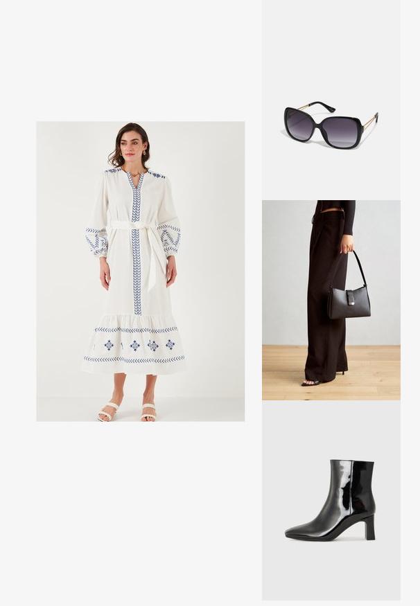 White long dress with blue embroidered patterns, balloon sleeves, a V-neckline, and a tied waist. Features a tiered hemline and soft texture.; Black patent leather ankle boot with a pointed toe and a mid-height block heel. Smooth texture and minimalist design.; Black oversized sunglasses with gradient lenses, thick frames, and gold-tone chain detailing on the temple arms.; Black handbag with structured shape, smooth texture, and a metallic clasp. Paired with wide black pants and open-toe sandals on wooden floor.
