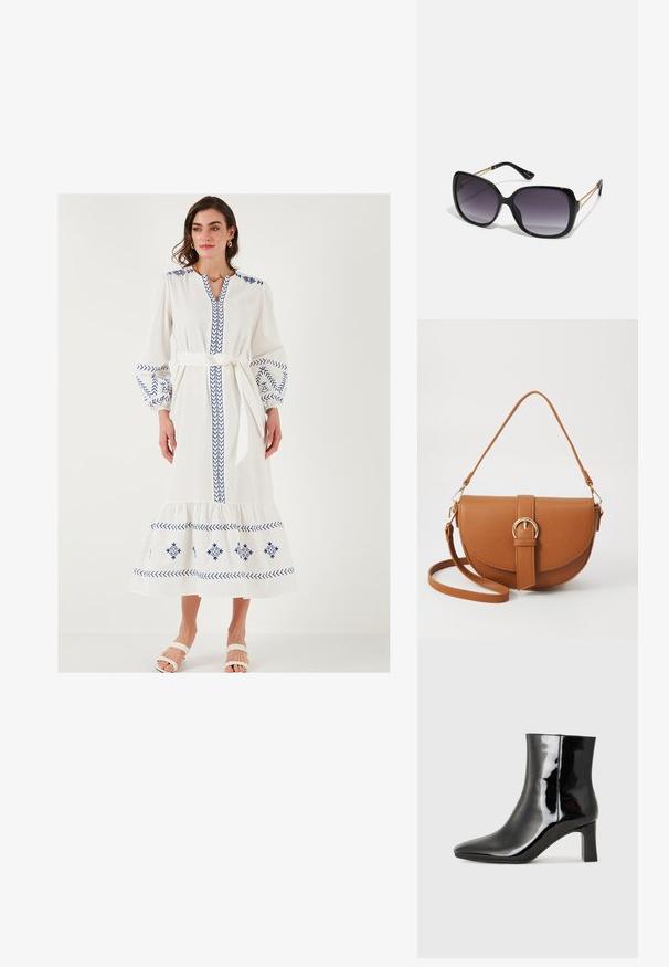 Hvid lang kjole med blå broderede mønstre, ballonsleeves, V-hals og knyttet talje. Har en lagdelt kant og blød tekstur.; Sort lakeret ankelstøvle med spids tå og en midt-højde blokhæl. Glat tekstur og minimalistisk design.; Sorte oversized solbriller med gradientlinser, tykke stel og guldfarvet kæde detaljer på tempelarmene.; Brun læder crossbody taske med en buet form, guldfarvet hardware og en spændeaccent. Har en aftagelig skulderrem.