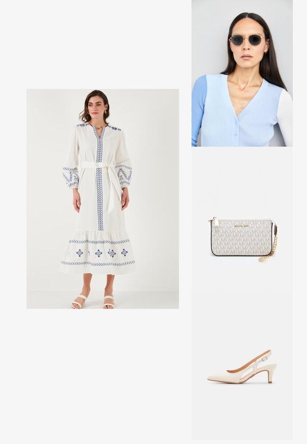 Balta ilga suknelė su mėlynais siuvinėjimais, pūstomis rankovėmis, V formos iškirpte ir surišta juosmeniu. Suknelė turi sluoksniuotą apatinę dalį ir švelnų tekstūrą.; Balti slingback kulniukai su smailiu pirštu, lygia viršutine medžiaga, žemu blokuotu kulnu ir šoniniu išpjovimu su reguliuojamu sagtimi.; Apskriti saulės akiniai su tamsiais objektyvais ir auksiniais rėmeliais. Modelis vilki šviesiai mėlyną, raukinį kardiganą su mygtukais ir kontrastingomis baltomis rankovėmis.; Michael Kors rankinė smėlio spalvos dengto kanvoje su pakartotiniu MK logotipo raštu, auksinėmis detalėmis ir nuimamu grandininiu dirželiu.